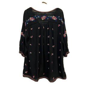 FREE People Floral Embroidered Black Dress Boho Style 3/4 Sleeve Crochet Look 1A